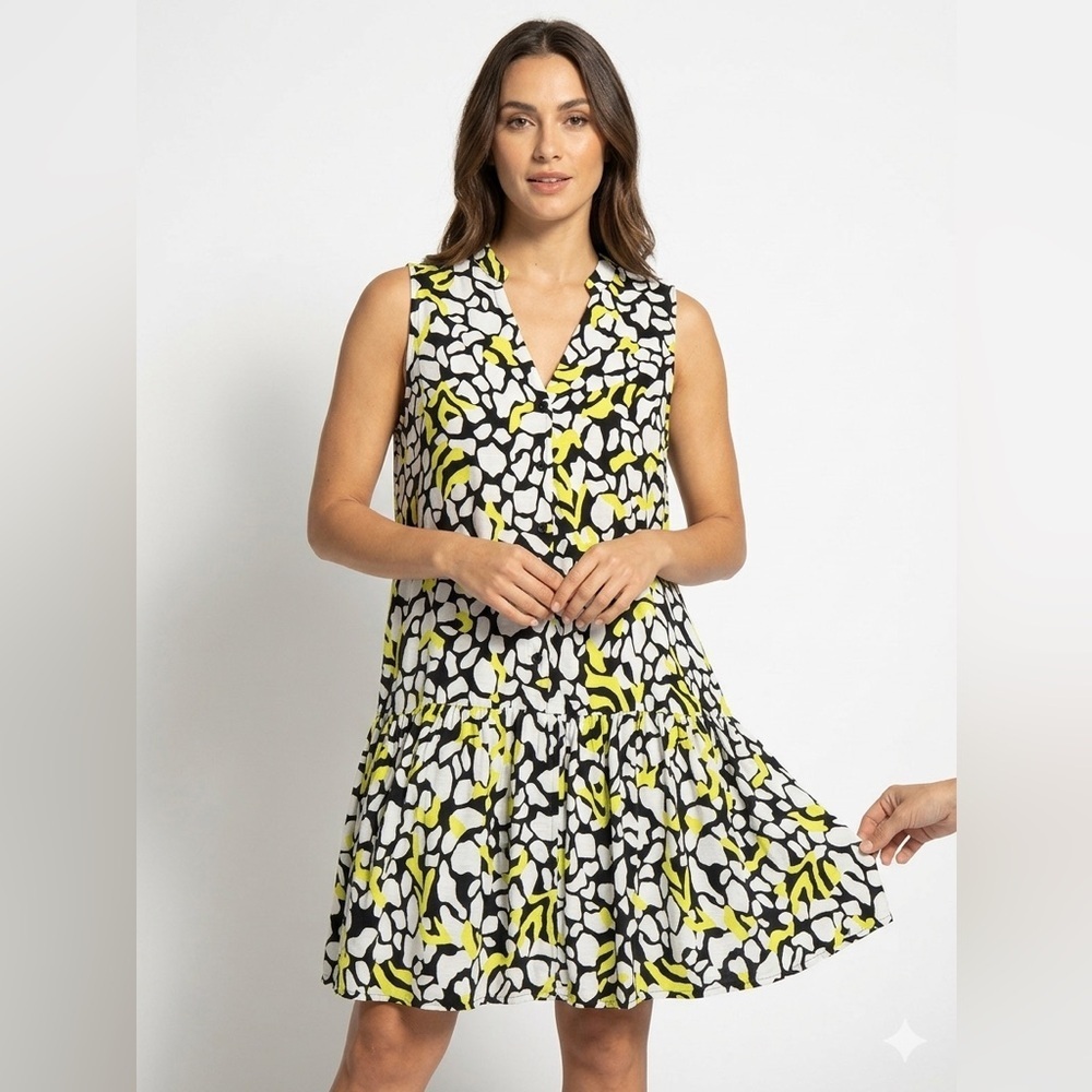 Nine West Abstract Citron Print Tiered Mini Dress - Size L